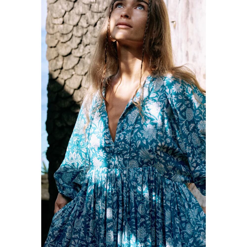 Daughters of India Kyra 100% Cotton Floral Midi Dress Ocean Blue Size Large - Picture 2 of 8